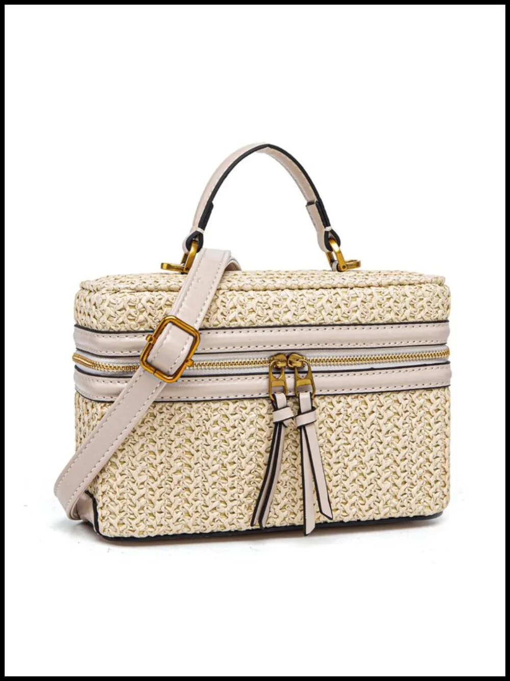 Boho Straw Satchel Crossbody Purse w/ Top Handle, Woven Summer Beach Handbag
